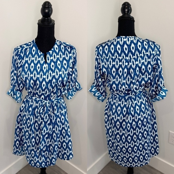 Anthropologie Maeve Ikat Belted Button Up Blue and White Dress (S) - Picture 1 of 9